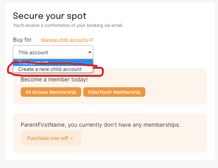 Use the drop down (circled) to choose to create a new child account to enroll into this event